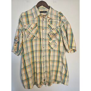 Streetwear COOGI Plaid Button Down Shirt Mens XXXL Orange Green Embroidered